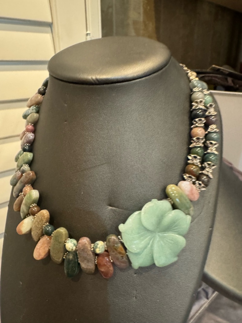 Stunning Massive Statement Stone Necklace sterling Jade Flower Pendant Adju